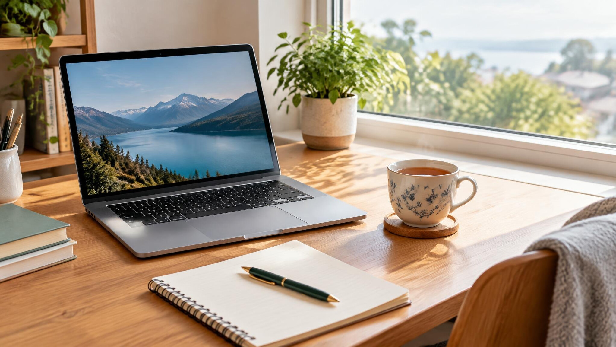 Bright workspace with a laptop and notebook on a desk